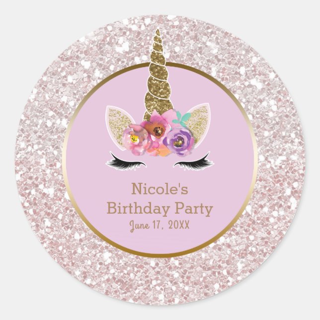 Sticker Rond Parties scintillant or rose blanc Glam Unicorn Par (Devant)