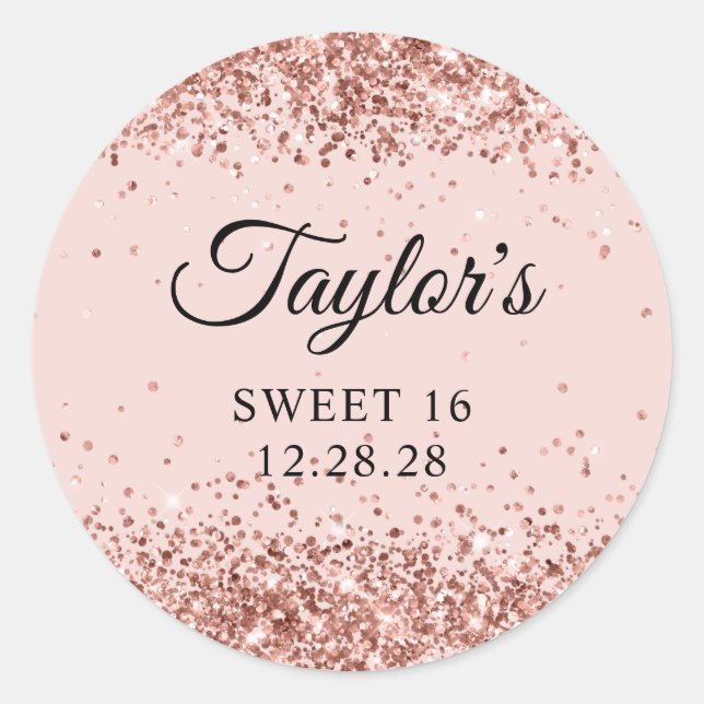 Sticker Rond Parties scintillant or rose Blush Sweet 16 (Devant)