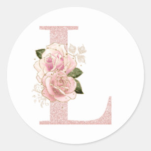 Sticker Rond Parties scintillant or Rose pâle florale Monogram