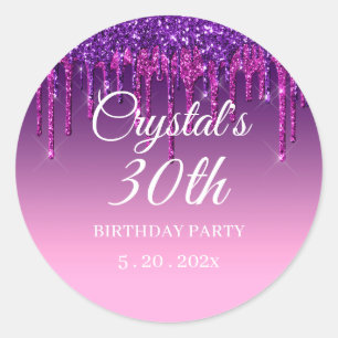 Sticker Rond Parties scintillant pourpre personnalisée Joyeux 