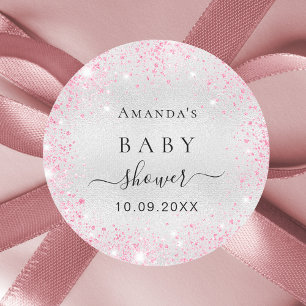 Sticker Rond parties scintillant rose baby shower