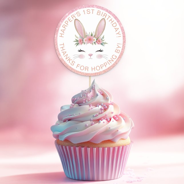 Sticker Rond Parties scintillant rose Bunny floral 1er annivers (Bunny Birthday Party Favor Thank You Sticker)
