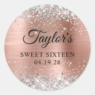 Sticker Rond Parties scintillant Rose d'argent Sweet sixteen d'