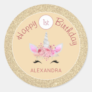 Sticker Rond Parties scintillant rose et or Unicorne 1er annive