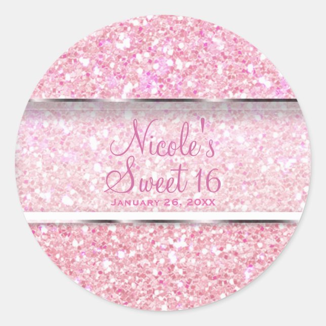 Sticker Rond Parties scintillant rose étincelle Glam Sweet 16 P (Devant)