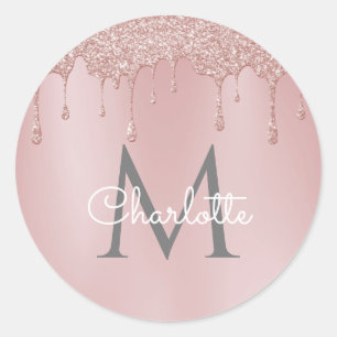 Sticker Rond Parties scintillant rose gouttes Monogramme Élégan