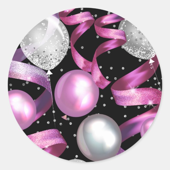Sticker Rond Parties scintillant rose noir argent doux 16 fête  (Devant)