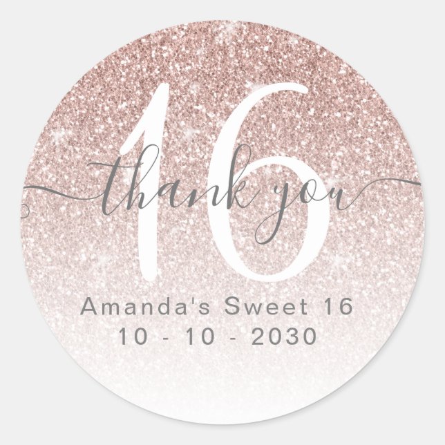 Sticker Rond Parties scintillant rose or Sweet 16 Party Favor M (Devant)