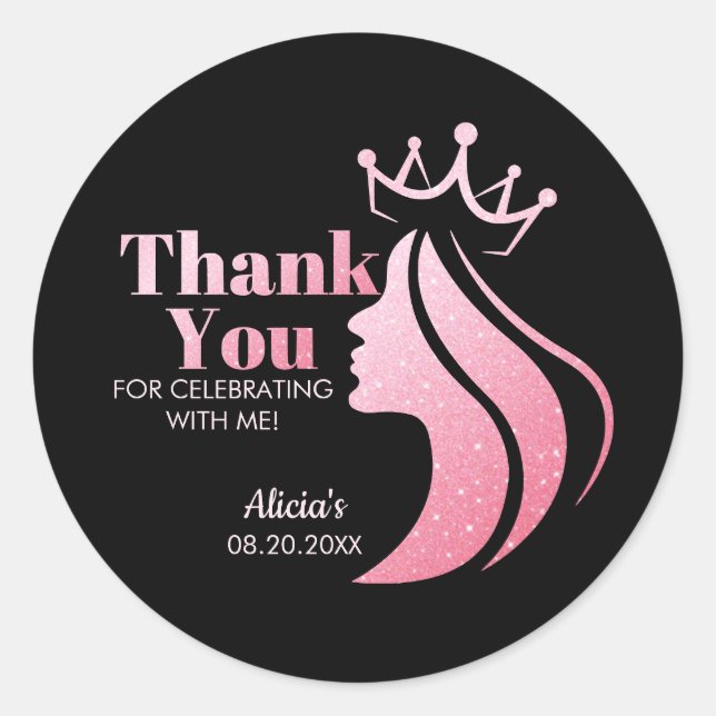 Sticker Rond Parties scintillant rose Reine Noir Anniversaire M (Devant)