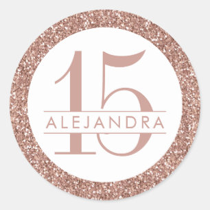 Sticker Rond Parties scintillant Rose rose or Quince Años