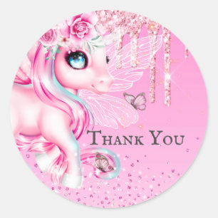Sticker Rond parties scintillant rose unicorne magique merci