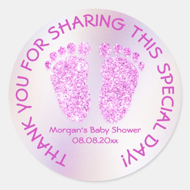 Sticker Rond Parties scintillant rose vif Pieds Baby shower Fav (Devant)