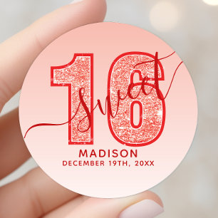 Sticker Rond Parties scintillant rouge Script Sweet 16 Annivers