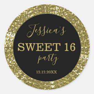 Sticker Rond Parties scintillant Sweet sixteen Noir Et Or