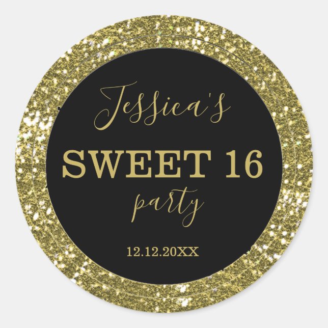 Sticker Rond Parties scintillant sweet sixteen Noir Et Or (Devant)