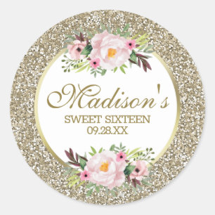 Sticker Rond Parties scintillant tendance Gold Floral Sweet 16