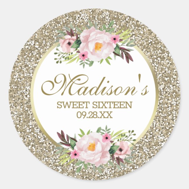 Sticker Rond Parties scintillant tendance Gold Floral Sweet 16 (Devant)