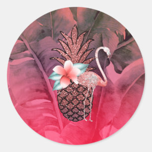 Sticker Rond Parties scintillant tropicale rose Ananas Luau