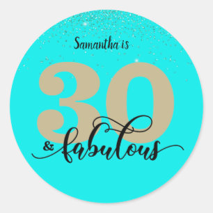 Sticker Rond Parties scintillant Turquoise 30 et Fabuleux anniv