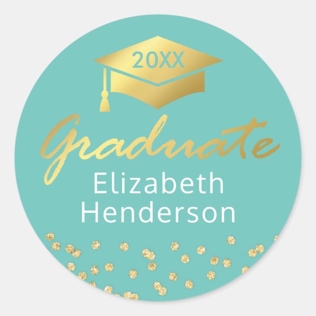 Sticker Rond Parties scintillant turquoise d'or Graduate Gradua (Devant)