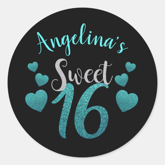 Sticker Rond Parties scintillant Turquoise et noire personnalis (Devant)