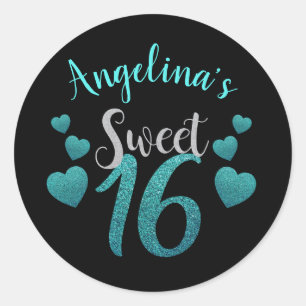 Sticker Rond Parties scintillant Turquoise et noire personnalis