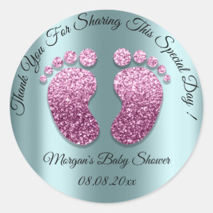Sticker Rond Parties scintillant turquoise Pieds Baby shower Fa