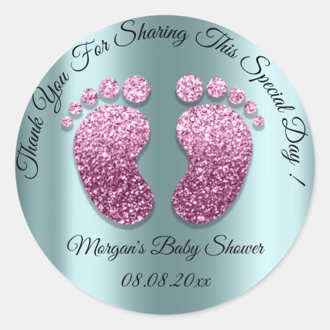 Sticker Rond Parties scintillant turquoise Pieds Baby shower Fa (Devant)