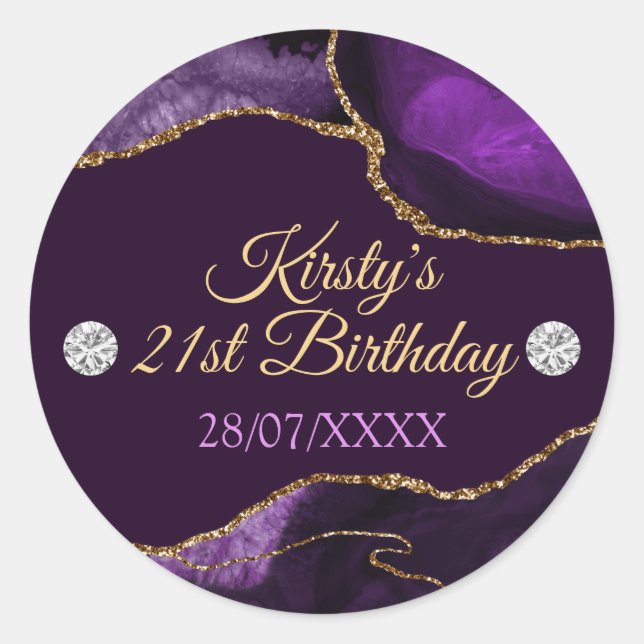 Sticker Rond Parties scintillant violet et or Agate Anniversair (Devant)