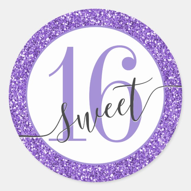 Sticker Rond Parties scintillant violet Sweet 16 Favor Sceller  (Devant)