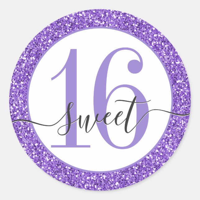 Sticker Rond Parties scintillant violet Sweet 16 Favor Sceller  (Devant)