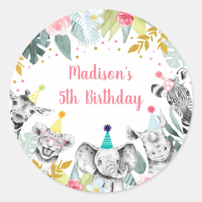 Sticker Rond Party Animal rose Gold Safari Anniversaire (Devant)