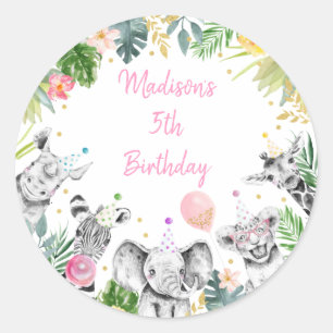 Sticker Rond Party Animal rose or Tropical Safari Anniversaire