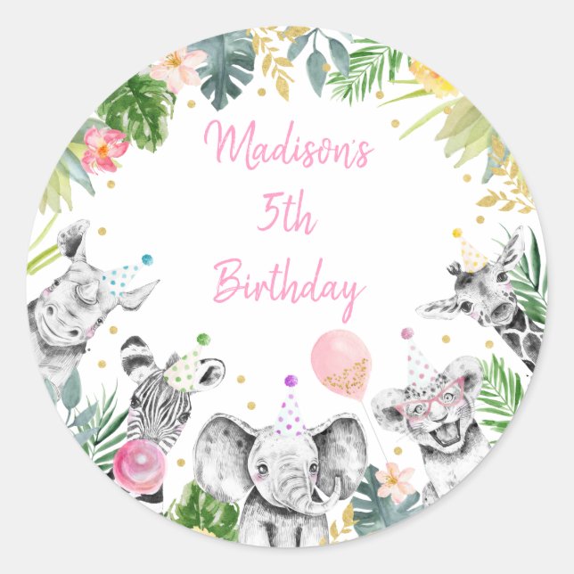 Sticker Rond Party Animal rose or Tropical Safari Anniversaire (Devant)
