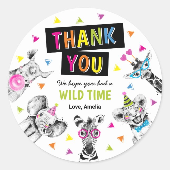 Sticker Rond Party Animals Safari Birthday Thank You Favor (Devant)