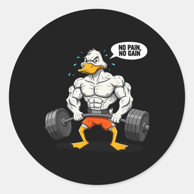 Sticker Rond Pas de douleur, pas de gain Canard drôle de haltér (Devant)