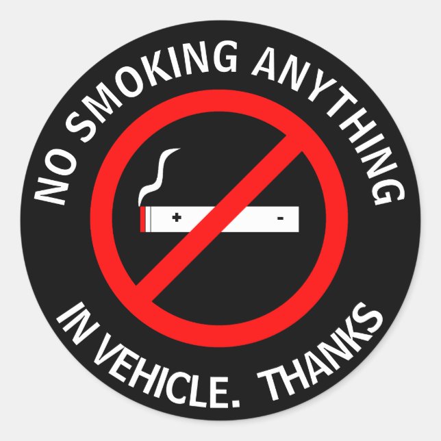 STICKER ROND PAS DE FUMEUR DANS LE VÉHICULE. MERCI ROU CLASSIQU (Devant)