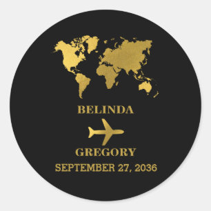Sticker Rond Passeport de mariage de destination Monde Noir Or