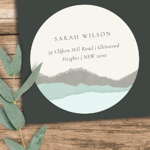 Sticker Rond Pastel Aqua Grey Kraft Mountain Wave Adresse