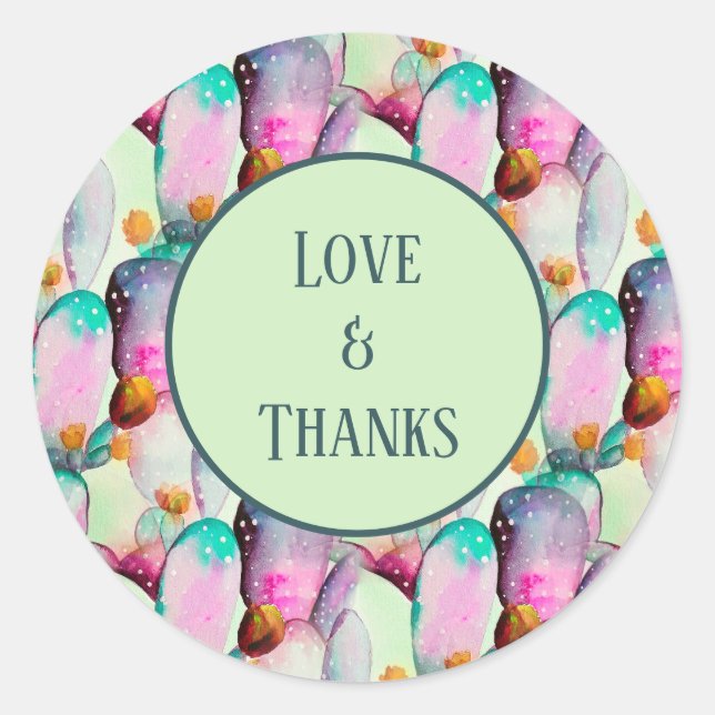 Sticker Rond Pastel Aquarelle Cactus Fleurs Amour et Merci (Devant)