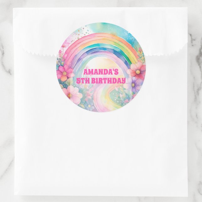 Sticker Rond Pastel Arc-en-ciel Fleurs Rétro Anniversaire (Sac)