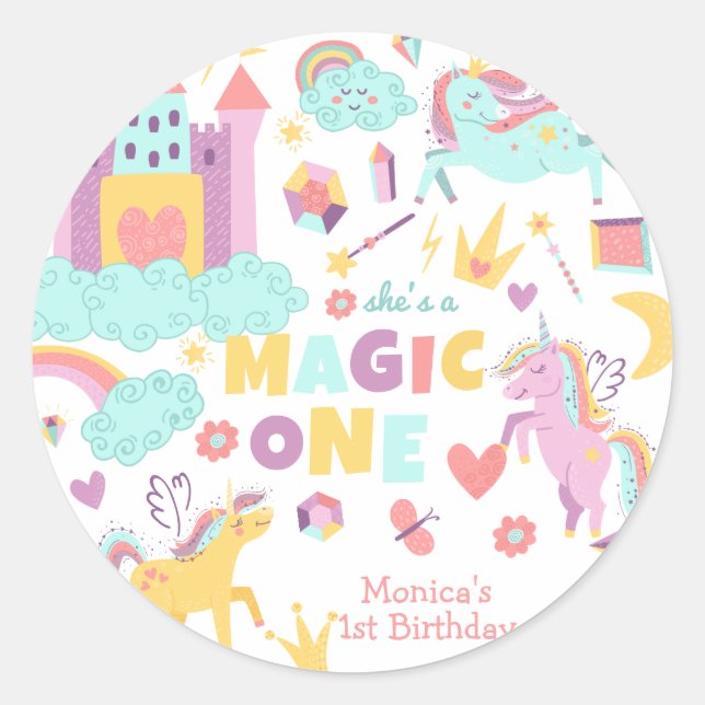 Sticker Rond Pastel arc-en-ciel unicorne magie un anniversaire (Devant)