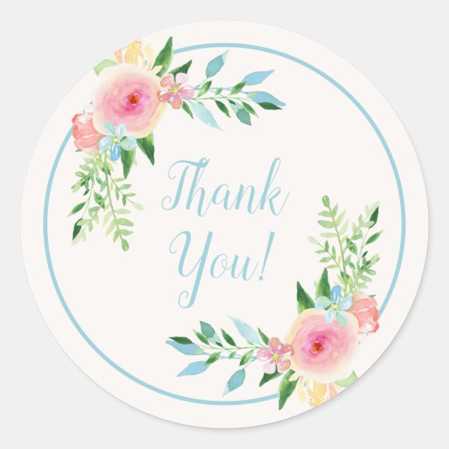 Sticker Rond Pastel bleu rose Floral Aquarelles Merci (Devant)
