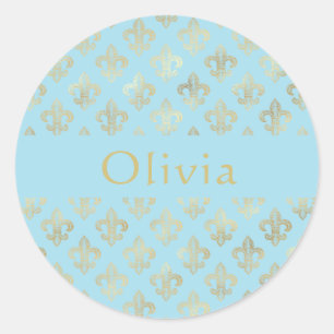 Sticker Rond Pastel Blue Gold Fleur De Lis Personnalisé