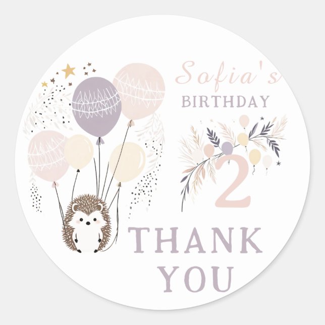 Sticker Rond Pastel Boho Hedgehog et Balloons Anniversaire (Devant)