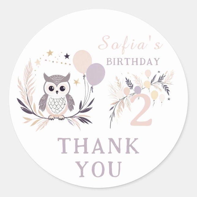 Sticker Rond Pastel Boho Owl & Balloons Anniversaire Merci (Devant)