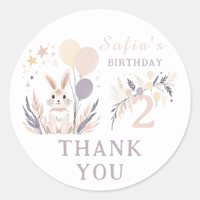 Sticker Rond Pastel Boho Rabbit & Balloons Anniversaire Merci (Devant)