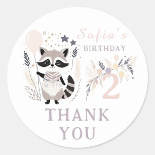 Sticker Rond Pastel Boho Raccoon & Balloons Anniversaire Merci