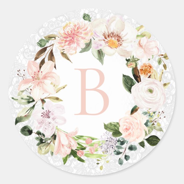 Sticker Rond Pastel Botanique Dentelle Florale Monogramme (Devant)