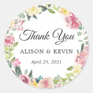 Sticker Rond Pastel Chic Floral Wreath Wedding Favor Merci